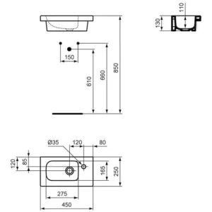 Ideal Standard Handwaschbecken CONNECT SPACE Mit Hahnbank Rechts 450 X 250 X 130 Mm Weiß E132101 11