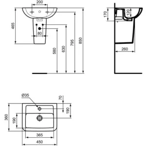 Ideal Standard Handwaschbecken Eurovit Plus, 1 Hahnloch, Mit Überlauf 450x360x170mm, Weiß 9
